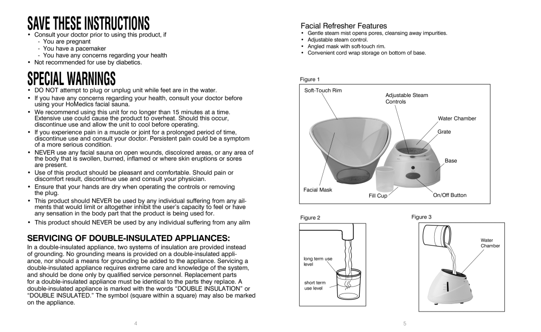 HoMedics FAC-2 instruction manual Special Warnings, Facial Refresher Features 